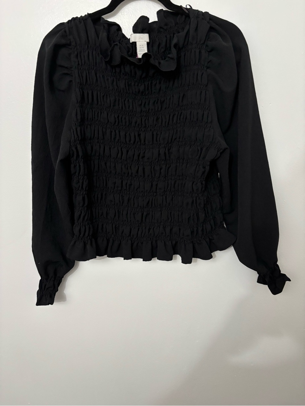 H&M Black Smocked Long-Sleeve Ruffle Blouse